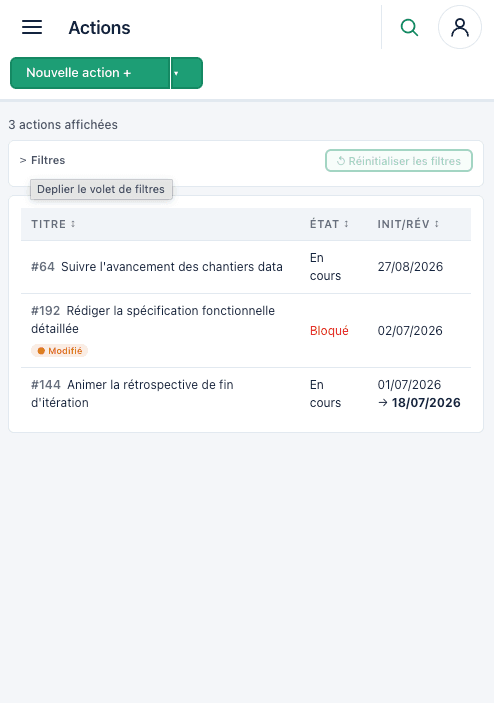 Liste des actions d'un plan d'action : titre, état, avancement, RACI et échéances initiale et révisée.
