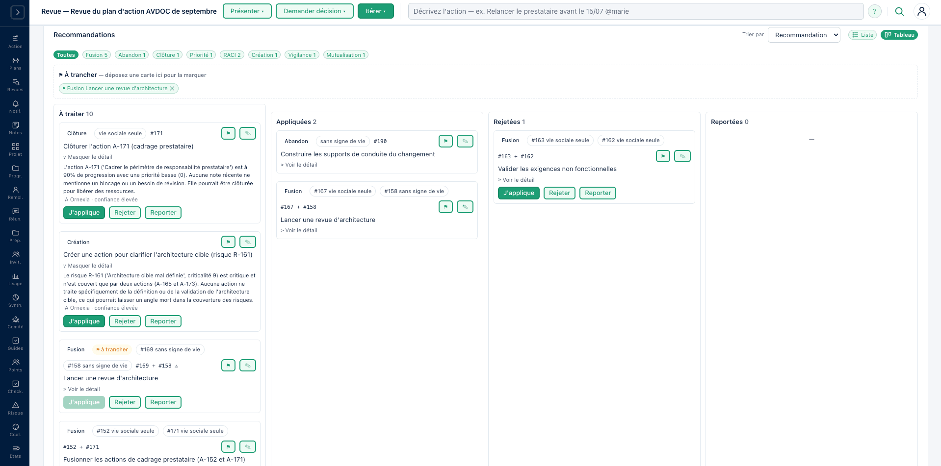 Vue Tableau d'une revue : un bandeau « À trancher » où déposer des cartes, puis quatre colonnes — À traiter, Appliquées, Rejetées, Reportées — avec les recommandations en cartes portant leur famille, leurs actions cibles et les boutons J'applique, Rejeter, Reporter.