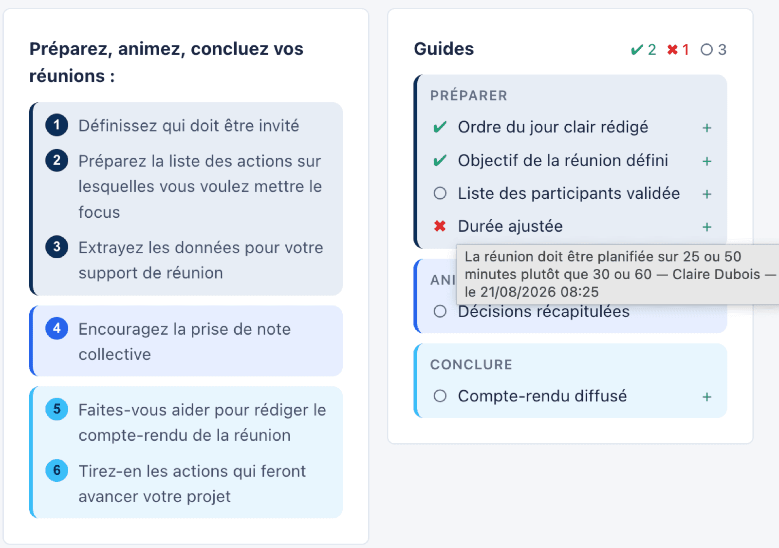 Infobulle ouverte sur le guide « Durée ajustée » : la description complète du guide, suivie du nom de la personne qui l'a déclaré et de la date de sa déclaration.