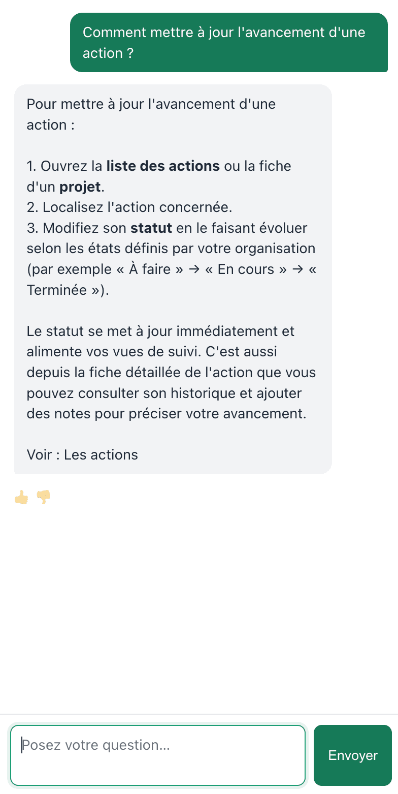 Conversation avec le chatbot d'aide : une question sur la mise à jour de l'avancement d'une action, et une réponse en étapes renvoyant à la documentation du produit.