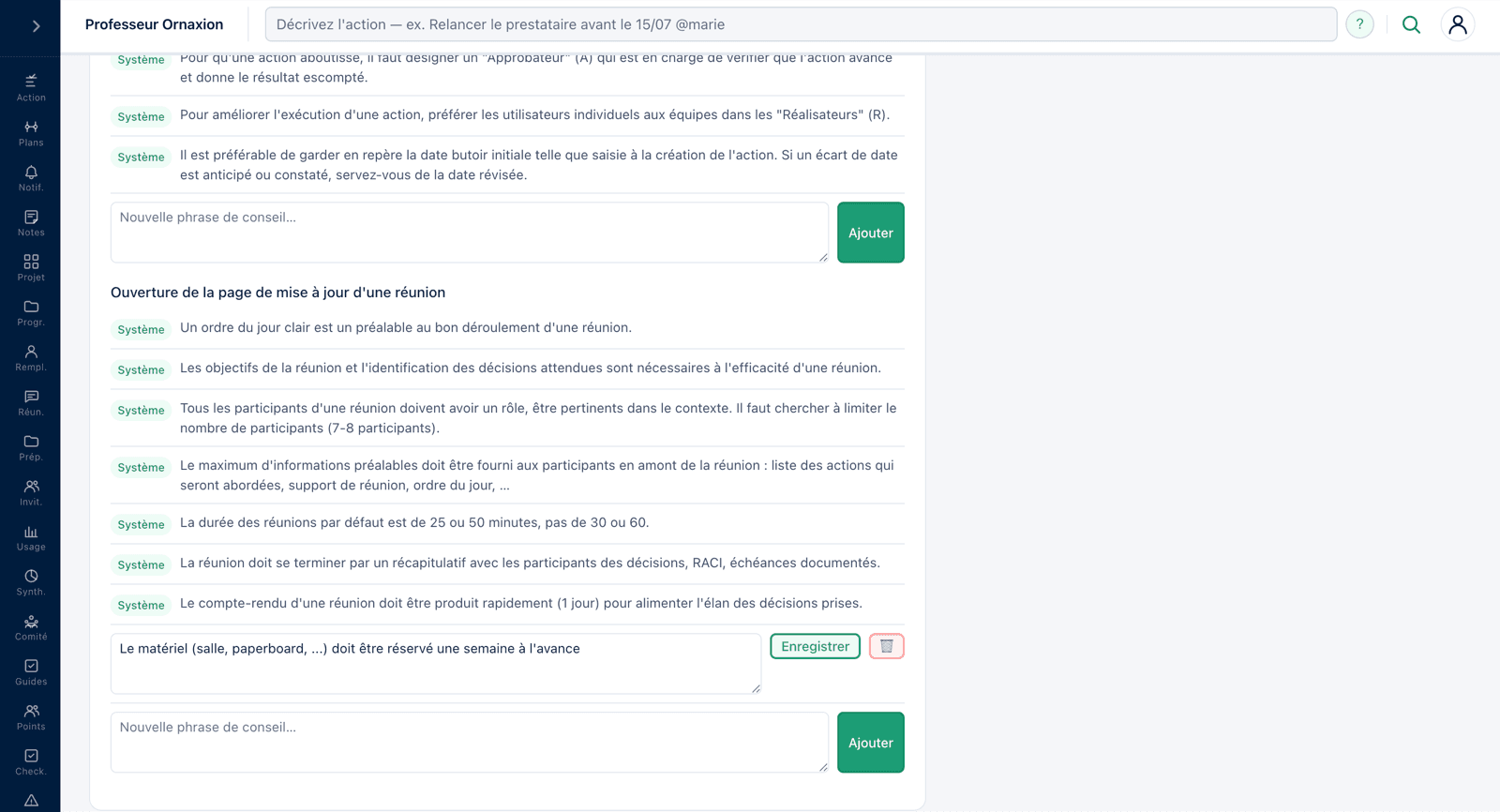 Bloc des phrases du Professeur, par cas d'apparition : les conseils badgés « Système », puis une phrase propre à l'espace client, en cours d'édition avec ses boutons Enregistrer et Supprimer.